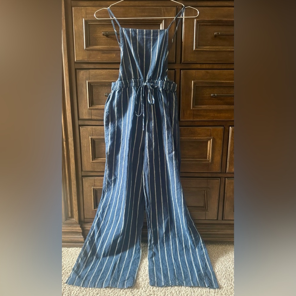 GB Girls Striped Blue Denim Jumpsuit w Adjustable Straps - Size L
